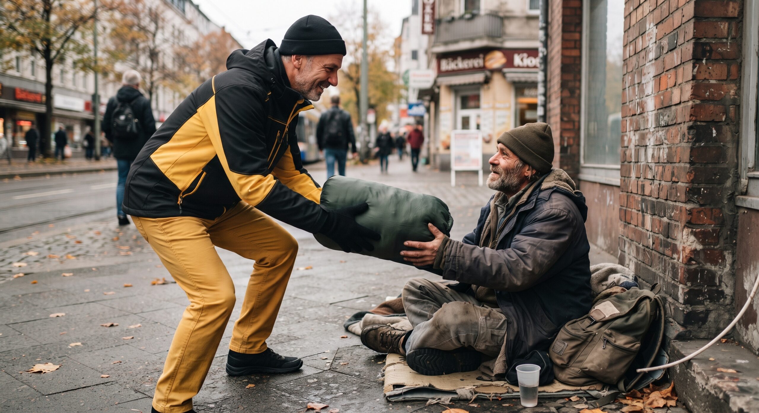 Schlafsack-Übergabe an Obdachlosen